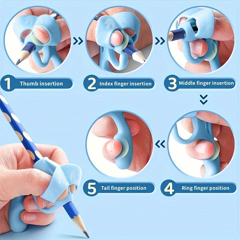 Writing corrector set with soft rubber grip for improving handwriting posture.