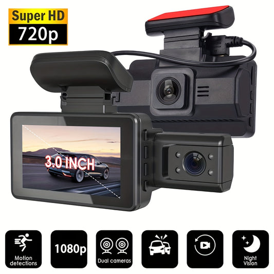 Car dash cam with dual lens recording, 360-degree rotation, and parking surveillance