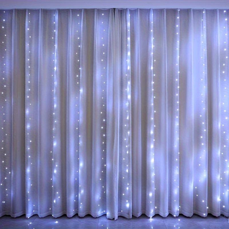 Multifunctional LED curtain lights with remote control, 8 modes for various occasions - USB powered. Available in warm white, white, and purple.