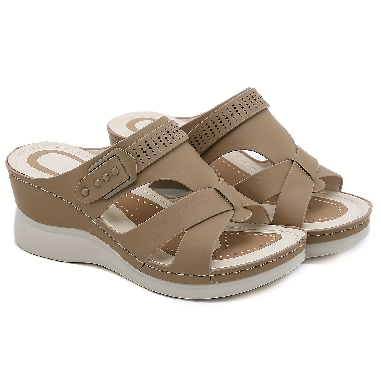 Women's wedge slide sandals with open toe cross strap, slip-on design for casual outdoor wear.