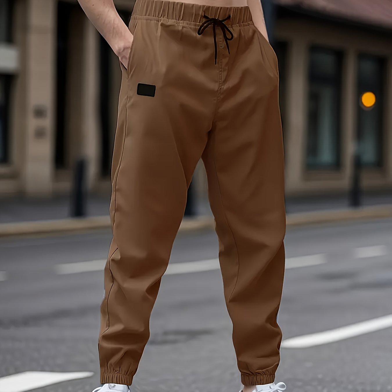 Men's casual cargo pants with drawstring waist, non-stretch polyester fabric, regular fit, lined with polyester, ideal for weekend wear.