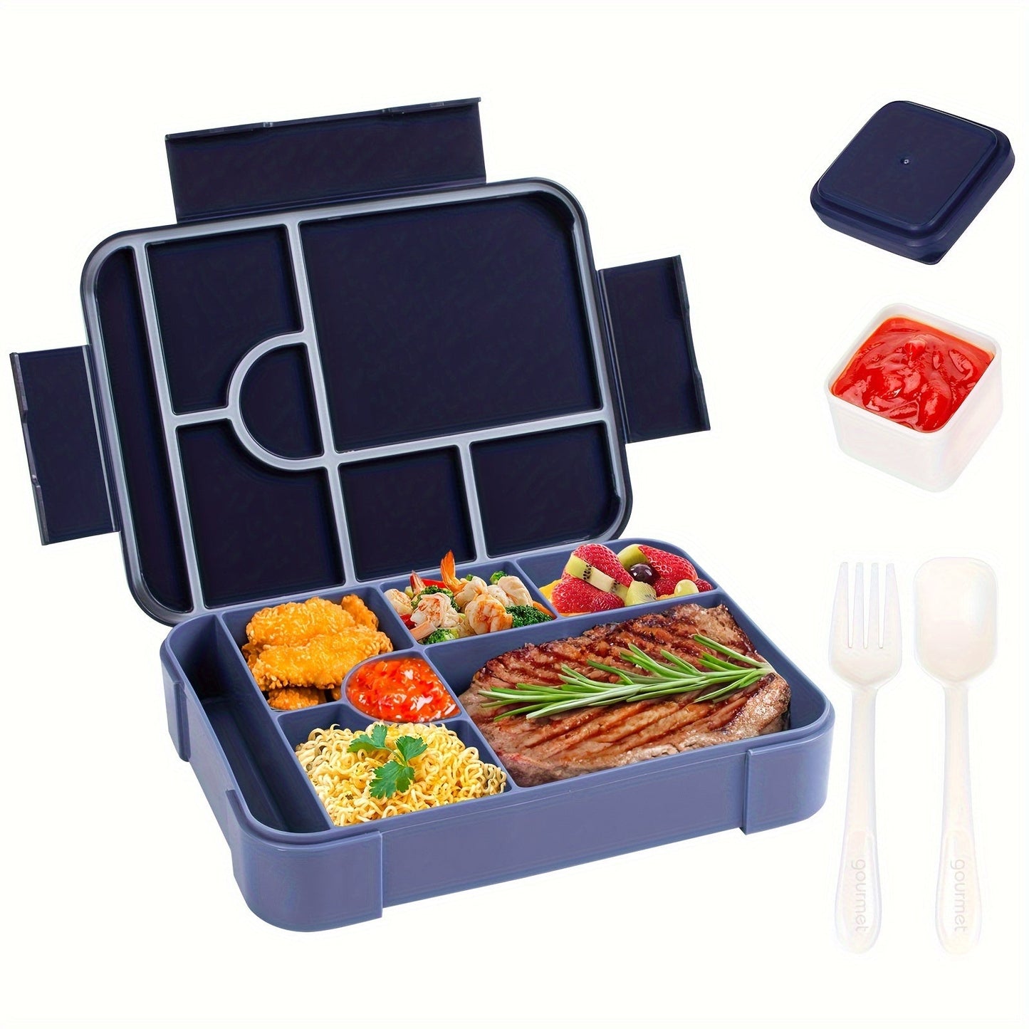 Leak-proof Bento Lunch Box with 7 Compartments - Perfect for Students and Adults on the Go! Includes Food Container, Cutlery Set, and Holds 1330ml. Suitable for School, Office, Outings, Microwave, and Dishwasher Safe.