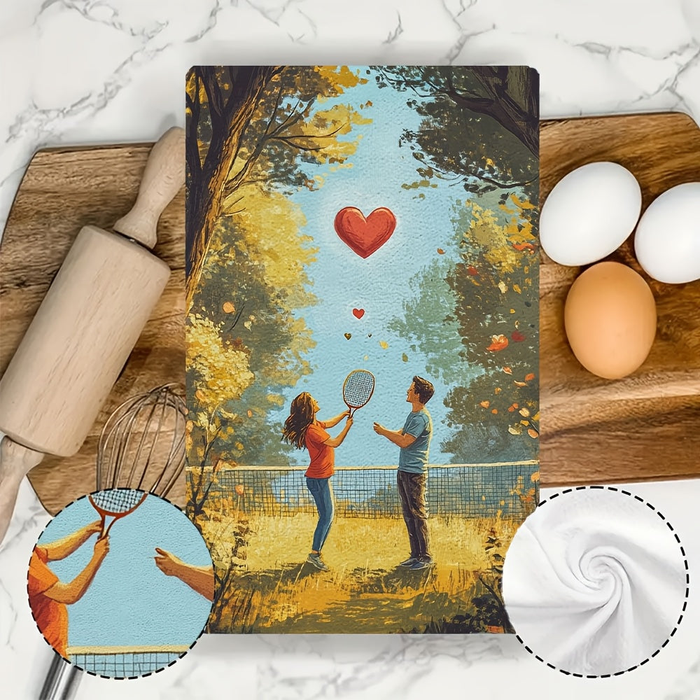 This pair of ultra-soft kitchen towels showcases a charming scene of a couple playing badminton in a park, complete with a heart-decorated shuttlecock flying between them. These highly absorbent dish towels are ideal for holiday decorating, machine