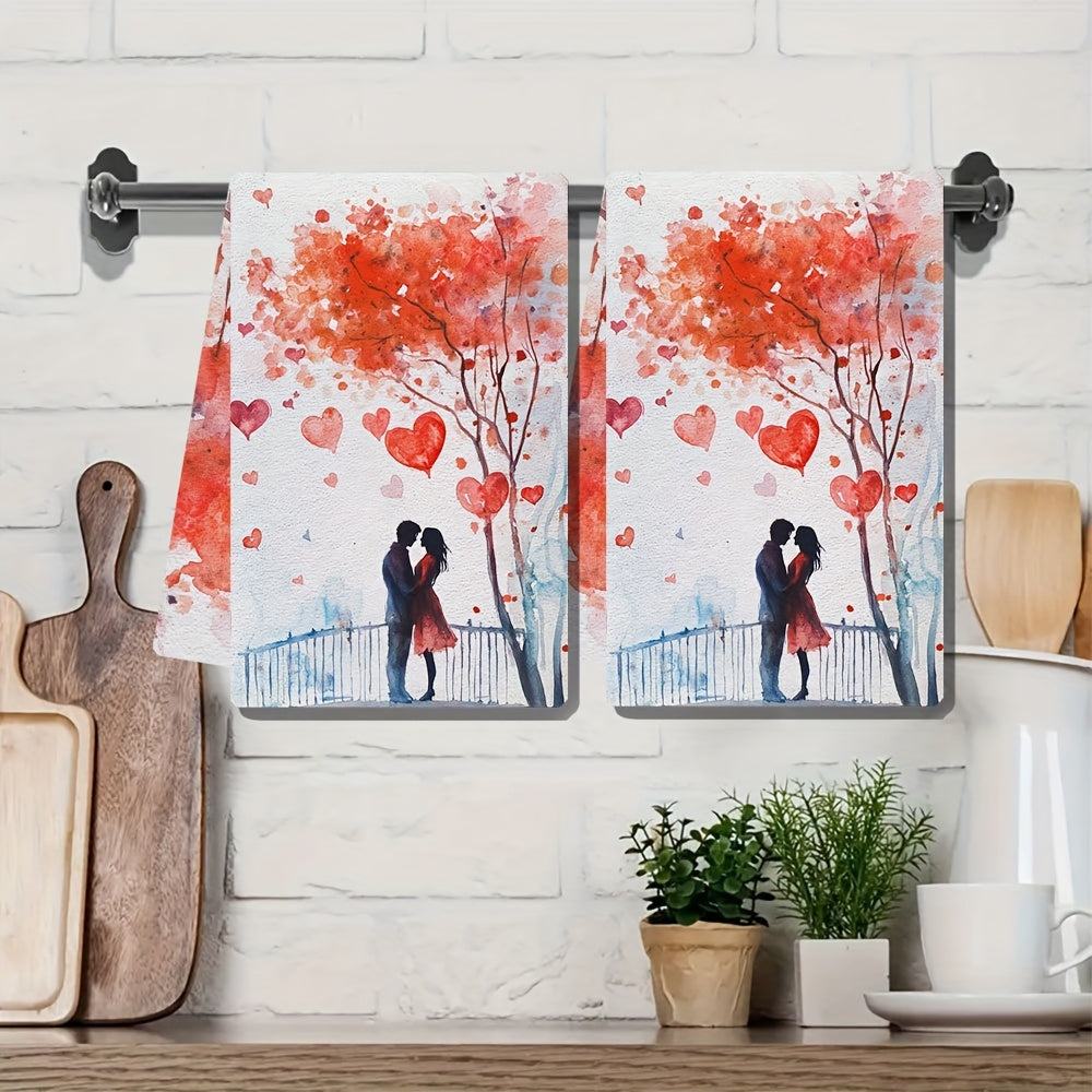 Set of 2 Romantic Valentine's Day Kitchen Towels - Made with Ultra Soft & Highly Absorbent Polyester, Size 40.64x60.96 cm, Easy to Clean in Washing Machine, Decorated with Embracing Couple & Heart Tree Design for Holiday Festive Touch