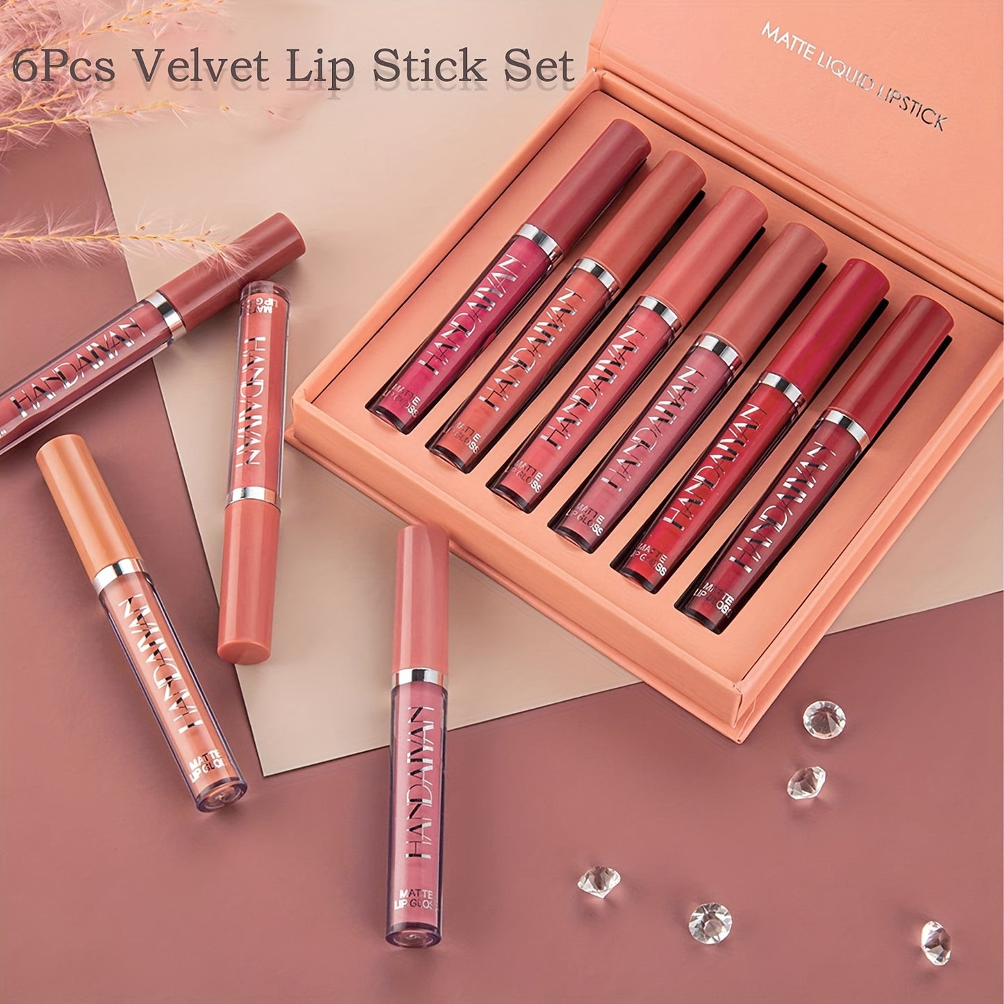 6-piece matte liquid lipstick set with long-lasting wear, non-stick formula, and waterproof finish.