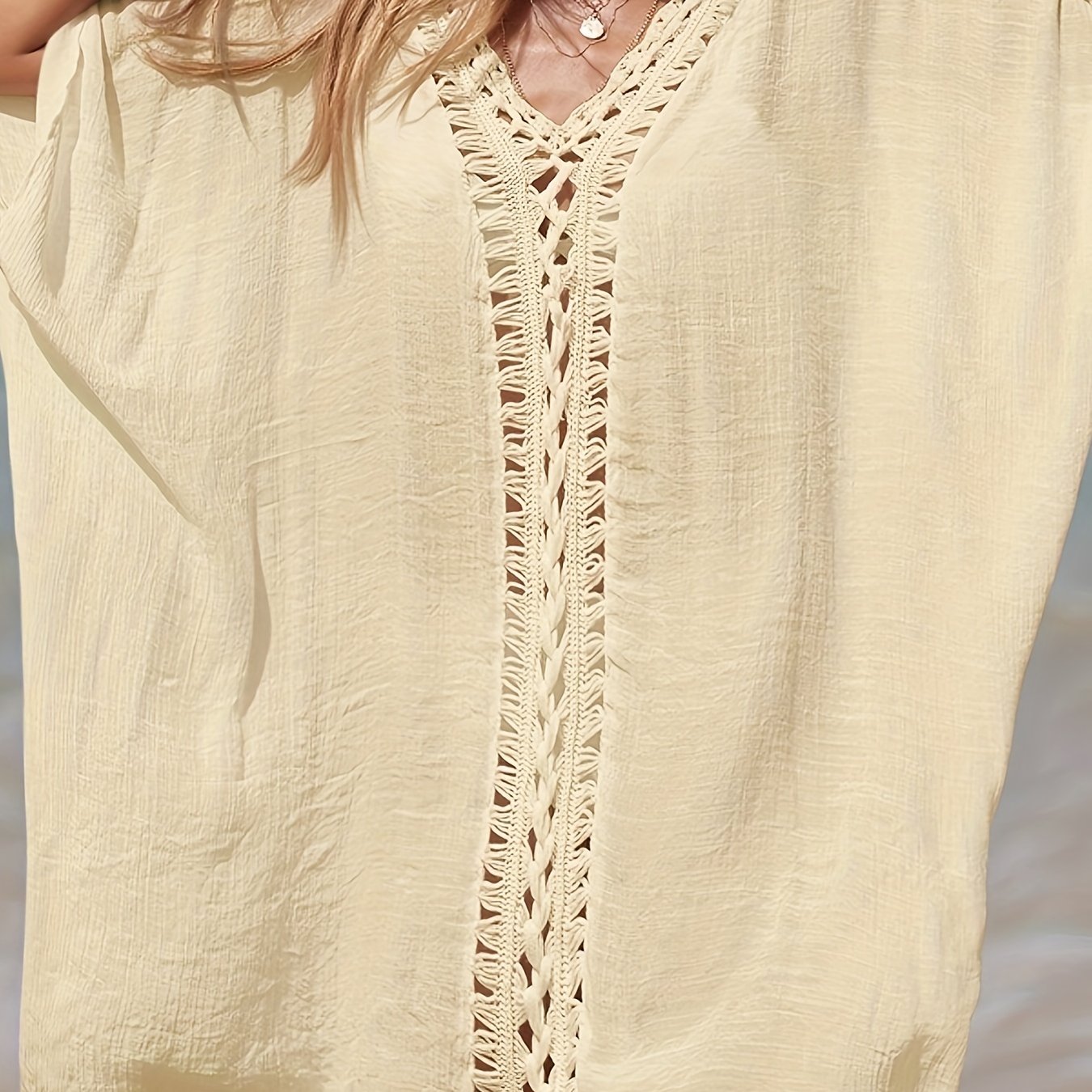 Casual V Neck Crochet Trim Cover Up Dress for Beach Holiday