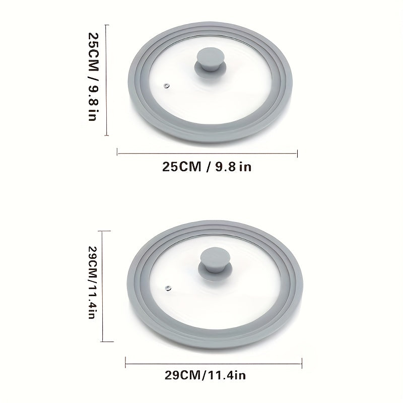 Universal pot cover designed to fit flat pans and frying pans, made of tempered glass with a silicone edge. Compatible with kitchen utensils ranging from 20 to 28 cm/ 7.8in to 11.02in in diameter. Can also be used as a replacement cover and is dishwasher