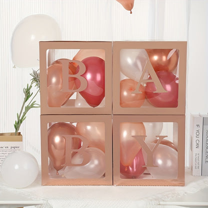 4-piece set of 9.85-inch baby gift box with BABY letters, including a white transparent square box and a transparent balloon box for birthday party decoration and gender reveal gifts (balloons not included).