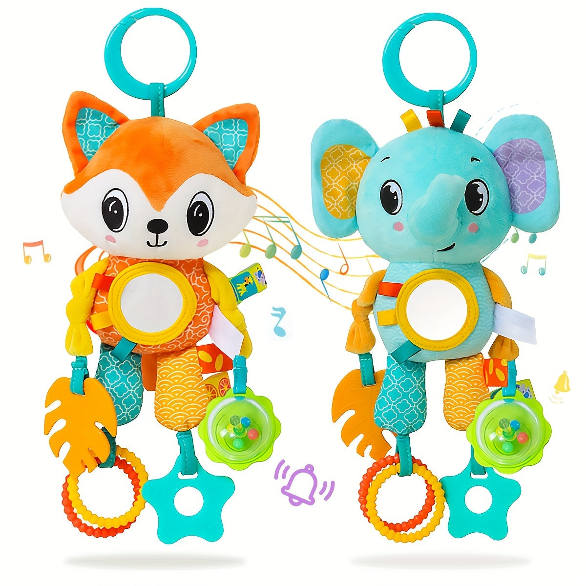 Top-rated rattle toy featuring adorable cartoon animals, suitable for youngsters 0-3 years, with a ringing bell. Can be used as a stroller and car seat accessory, available in random colors.