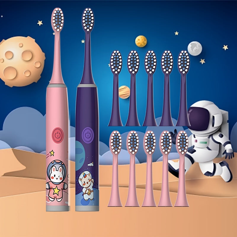 2 Electric Toothbrushes with 12 Brush Heads, Cartoon Space Series, Battery Powered for 3-13 year olds, Gentle Bristles, 2min Timer, Tooth Protection, Gift