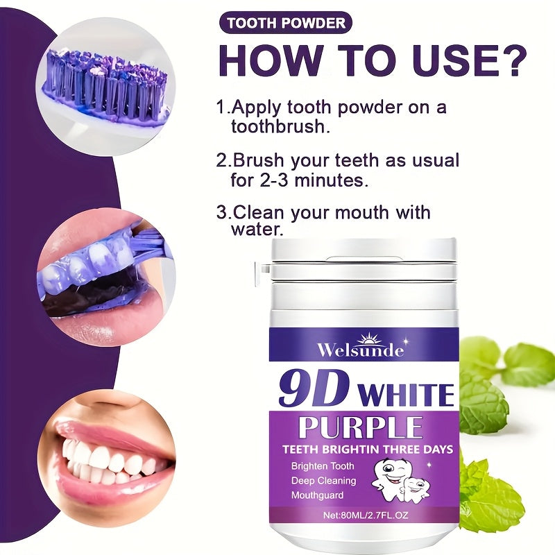 Welsunde 9D White Purple Tooth Powder: Deep cleans, brightens teeth, and freshens breath. Ideal for daily use and travel. 80g.