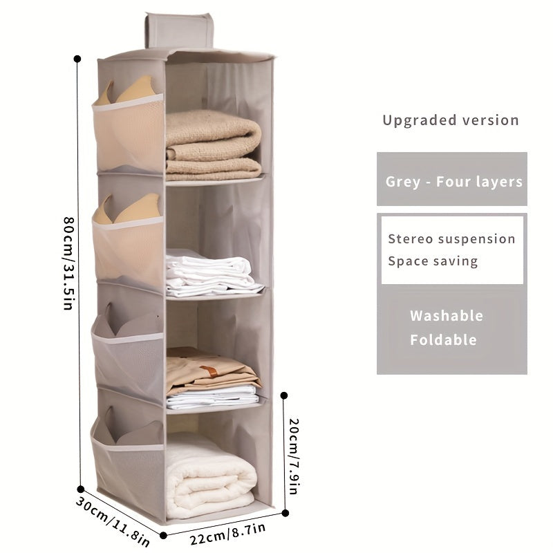 Keep your items organized and easily accessible with this Wardrobe Storage Hanging Bag. It is foldable, washable, and features four layers of storage space for bags, clothes, socks, and more. Save space and maintain neatness in your wardrobe with this