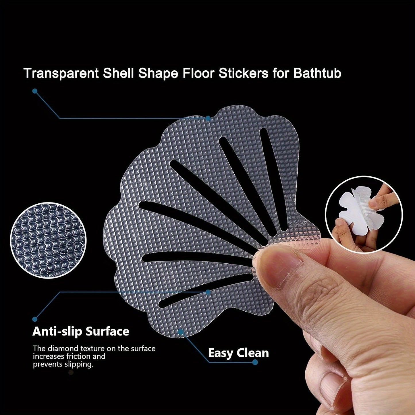 Non-slip bathtub stickers available in sets of 3, 12, or 24, featuring transparent shell shapes for use in bathtubs, shower floors, stairs, and ladders.