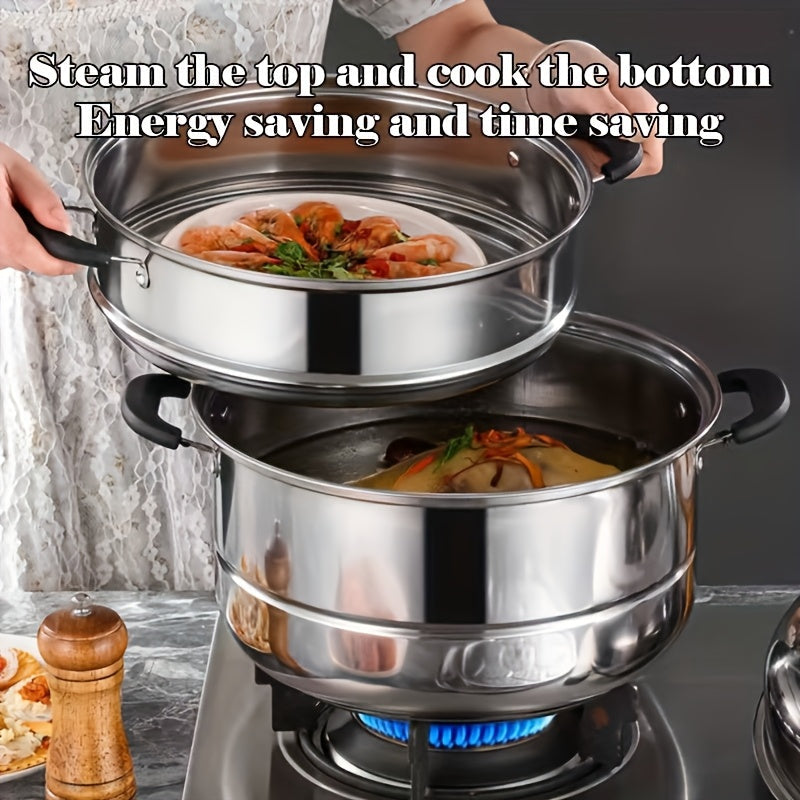 A versatile 3-tier stainless steel steamer set with a lid that is ideal for steaming bread, fish, and vegetables. This steamer set is compatible with induction and gas stoves, making it perfect for use in any kitchen. It is a must-have kitchen essential