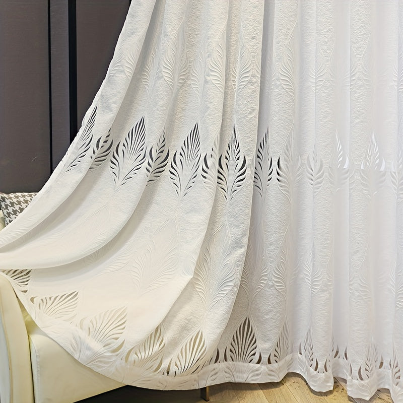 Vintage elegance meets modern style with this 1-piece sheer curtain in white. Featuring a delicate feather leaf jacquard design, this semi-transparent curtain is made from high-quality polyester and has a grommet top for easy hanging. Perfect for adding