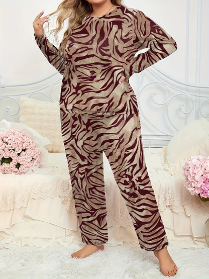 Leopard Print Pajama Set for Women: 100% Polyester Knit, Mature Style, Long Sleeve and Pants, Spring/Fall Loungewear