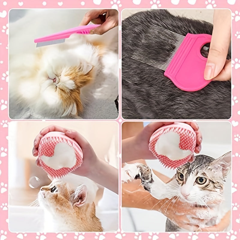 8-piece cat grooming kit with self-cleaning brush, nail clippers, comb, shedding brush, and toothbrush for a clean, healthy, and happy feline friend