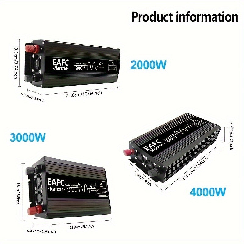 Car power inverter converts DC 12V to AC 220V without battery, with peak power options of 4000W, 3000W, and 2000W in pure sine wave.