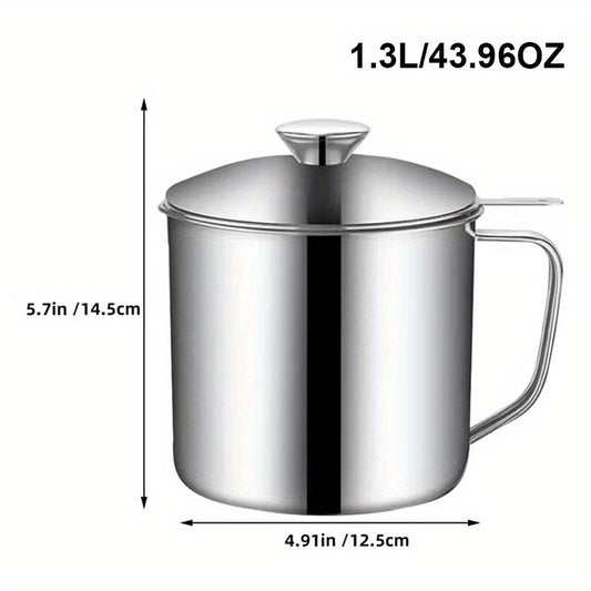 Stainless Steel Grease Keeper with Strainer - Large Food-Grade Oil Storage Pot - Includes Pouring Spout and Lid for Kitchen Oil Filtration and Storage - Safe Cooking Oil Container for Home Use - 43.96oz