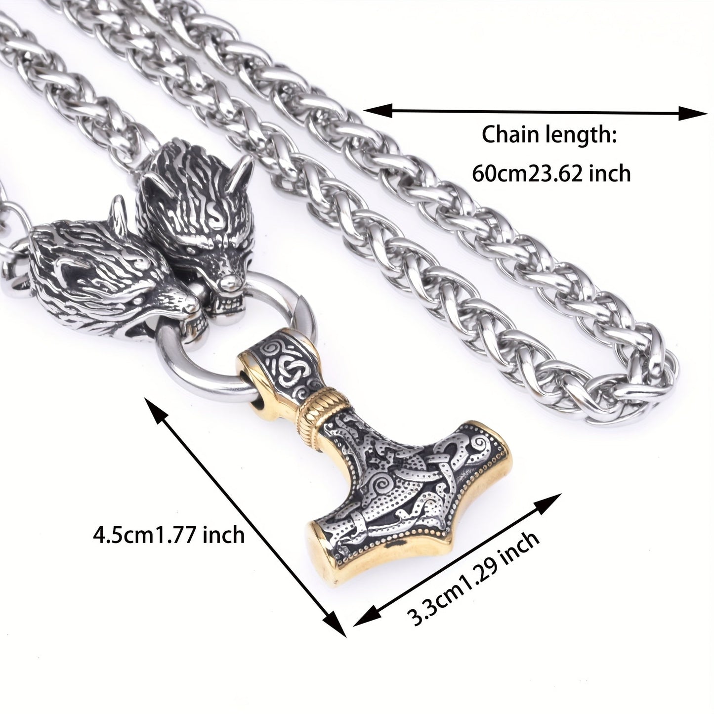 Gold Wolf Head Thor's Hammer Pendant Necklace - A stylish and bold men's jewelry piece inspired by European and American Viking culture.