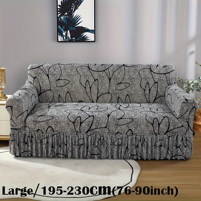 Grey Bohemian style sofa cover with skirt, machine washable, suitable for all-season use. Made of polyester spandex fabric, ideal for living room, bedroom, or office decor.