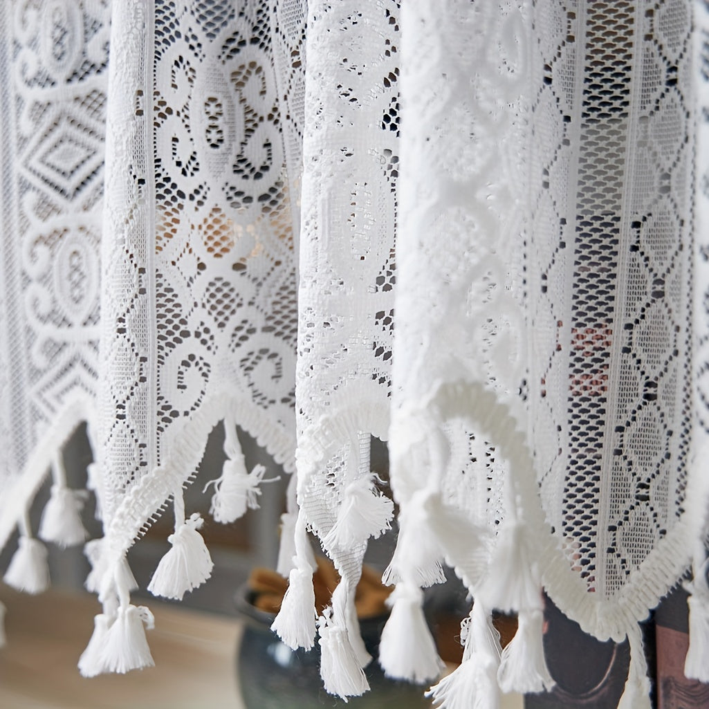 Artistic Boho Geometric Lace Tassel Cafe Curtain Tiers - Made from Polyester, these Semi-Sheer Rod Pocket Kitchen Window Curtains have Thermal Insulated Features. Hand Wash Only. Unique & Cordless Design.