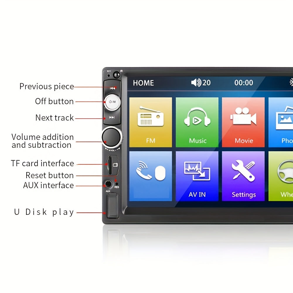 17.78 cm HD double din car stereo radio MP5 player with steering wheel remote, mirror link support, touch screen, USB, TF, FM, AUX.