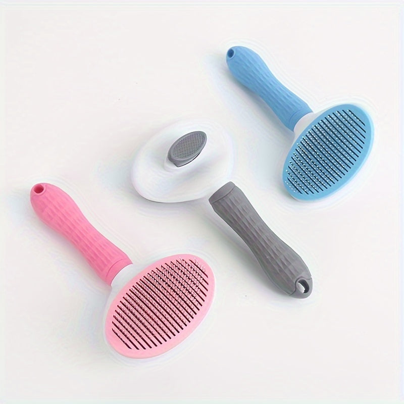 Pet grooming brush for dogs & cats with one-click hair removal, ideal for facial & body massage. Made of durable ABS material in blue & white.