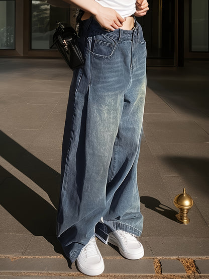 Women's Casual Wide Leg Jeans made of 87% Polyester, 6% Viscose, and 7% Blend, Solid Color Denim with Pockets, Non-Stretch Fabric for Spring/Fall Season.