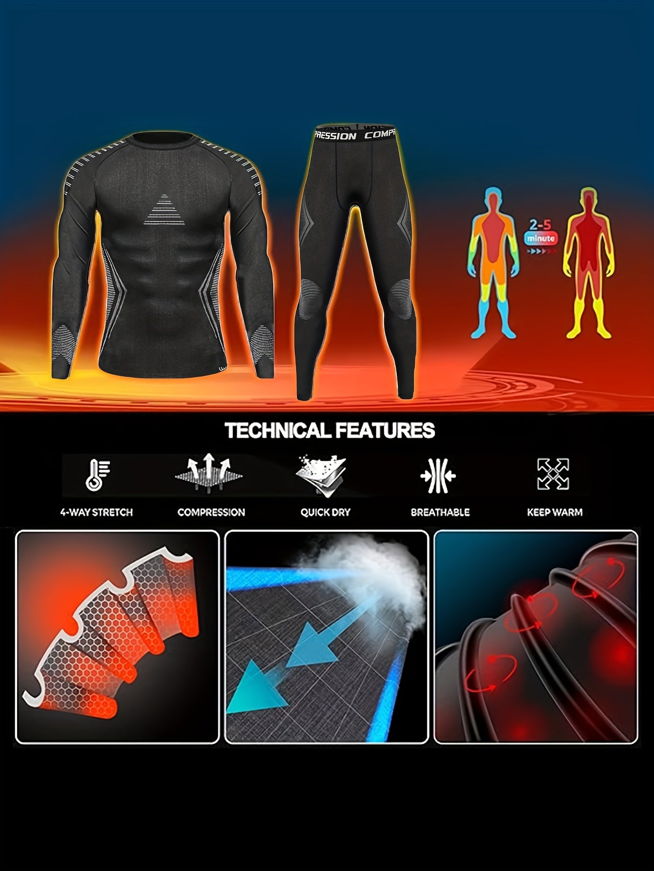 Men's Thermal Compression Set for Fall & Winter - Plush-Lined Top & Leggings, Ideal for Outdoor Activities, Machine Washable.