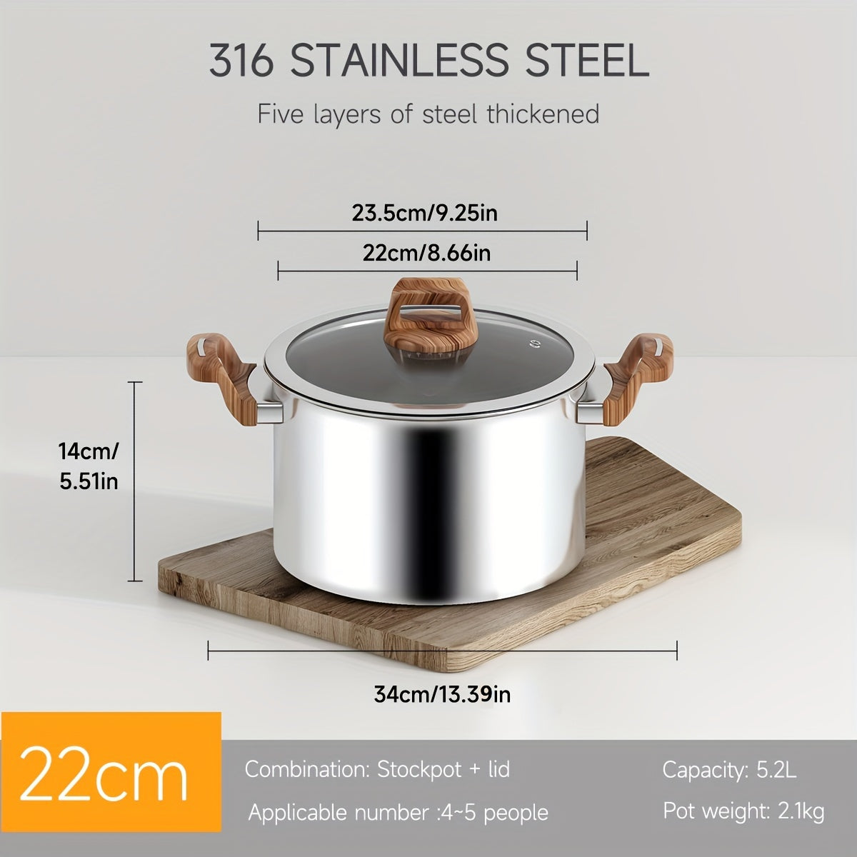 Five-layer composite steel pot for the kitchen, made of thickened food-grade 316 stainless steel. Non-stick and induction cooktop compatible. Features a deep soup pot and thickened steamer with 304 stainless steel lid. Ideal for cooking noodles