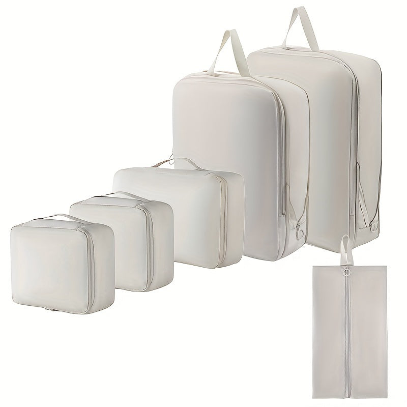 Durable 6-piece packing cubes set made of polyester for organizing clothes, toiletries, and luggage while traveling.