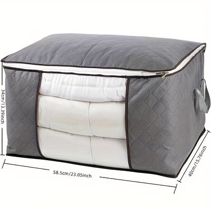 Large capacity fabric storage box with zipper closure, striped design, suitable for ages 12-14.