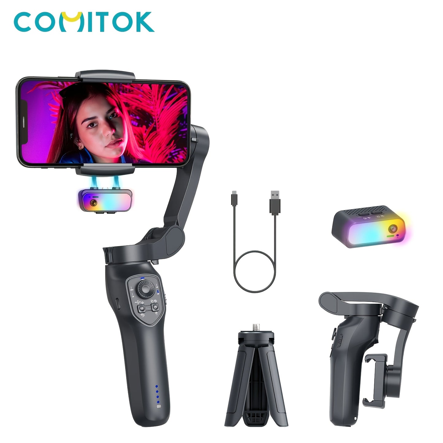 3-axis smartphone stabilizer with RGB lighting, face tracking and wireless capabilities. Rechargeable with USB, works with Apple and Samsung phones. Perfect for video shooting and holiday