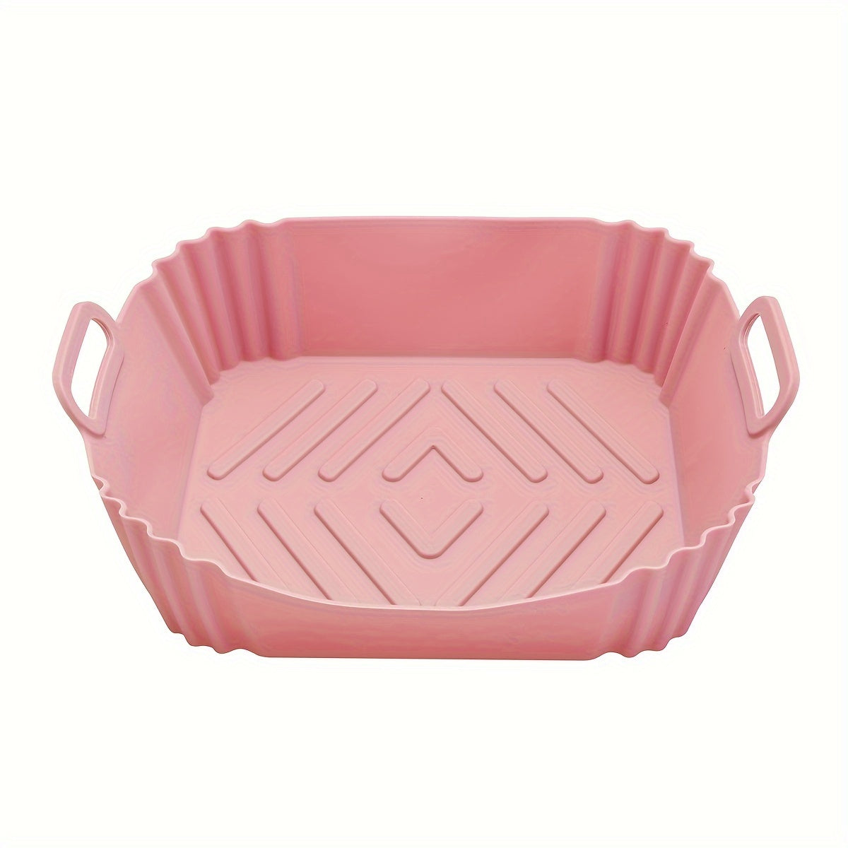 Get a square-shaped 1-piece reusable silicone air fryer baking pan that is non-stick and heat resistant up to 240°C. It comes with textured grip handles for easy handling and is perfect for making crispy chicken and more. An essential kitchen accessory