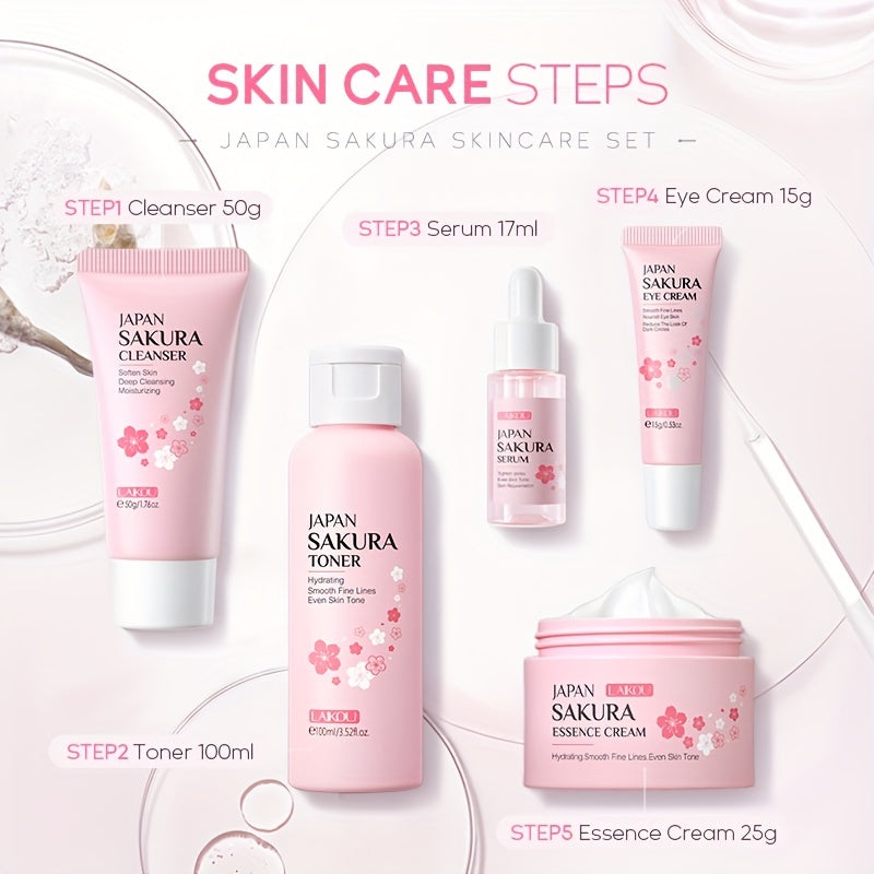 Sakura Skin Gift Set includes serum, cleanser, toner, eye cream, and face cream for daily skincare routine.