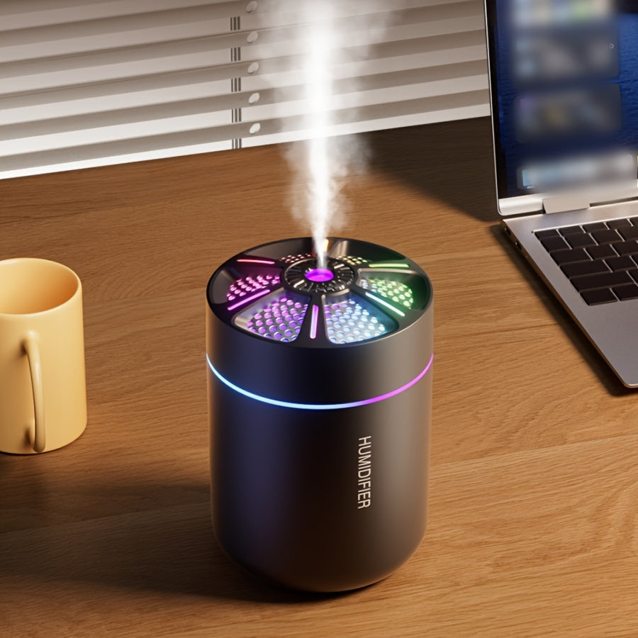 Mini ultrasonic humidifier with colorful gradient light, perfect for office, car, bedroom, and school. Made of plastic and USB powered.