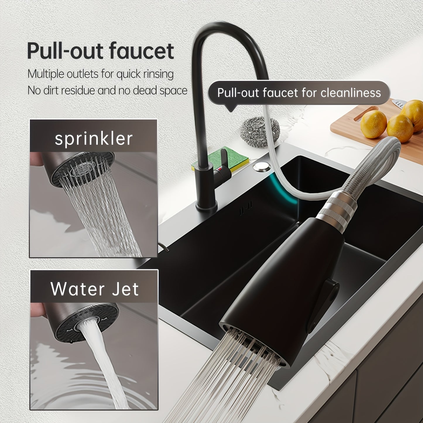 Single bowl black stainless steel kitchen sink with center drain, pull-out faucet for easy cleaning, and quick drainage. Resistant to stains and oil.