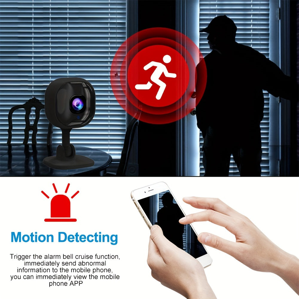 Home surveillance camera with wireless 2.4G WiFi connectivity, night vision, motion detection, instant alert capabilities, two-way audio, remote monitoring, and 480p video quality. USB powered for easy setup, designed for home and pet security, suitable