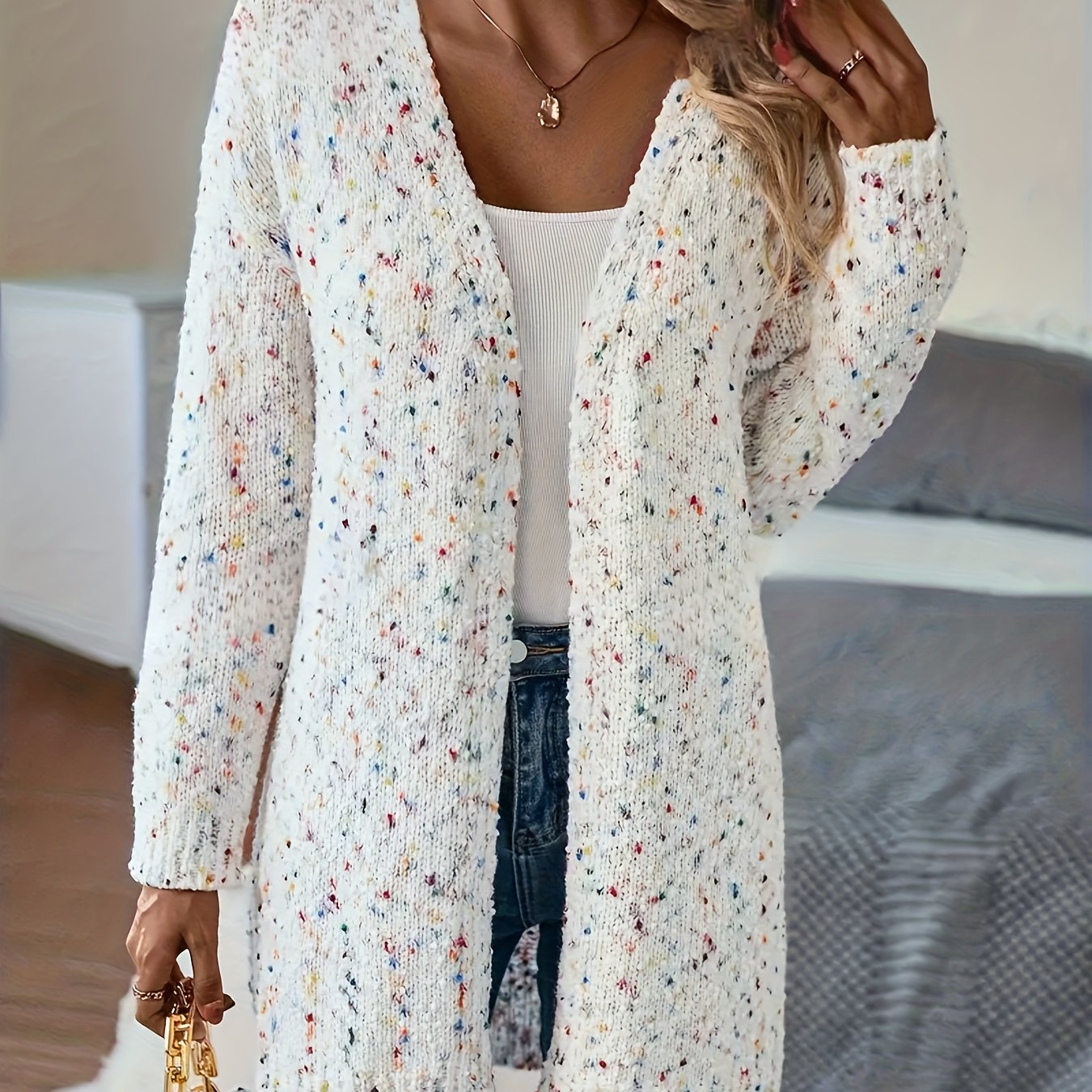 Women's plus size knit sweater cardigan with long sleeves, v-neck, solid color, mid-length, perfect for autumn/winter.