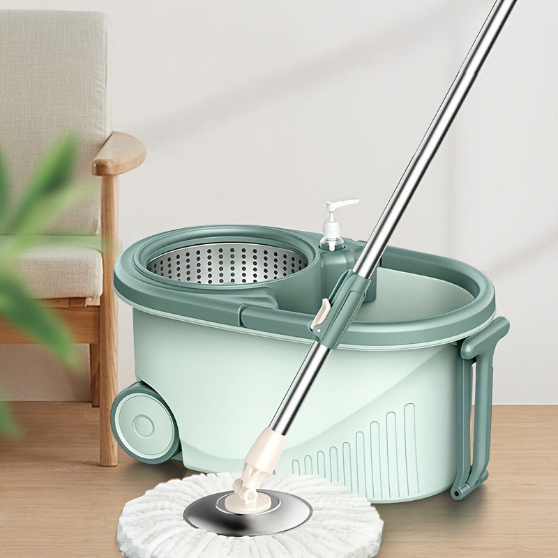 Spin Mop and Bucket Set includes 3 pieces, featuring a 360° rotating mop system with an ultrafine fiber mop head and adjustable stainless steel handle. Perfect for cleaning living rooms, bedrooms, and bathroom floors.