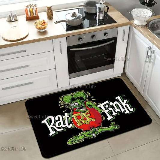 Hilarious Rat Fink Entryway Rug - Sturdy, Anti-Slip & Highly Absorbent Flannel | Simple to Wash, Resistant to Dirt | Perfect for Kitchen, Bathroom, Porch, RV | Festive Christmas-Themed Design | Cheerful Mat for Porch Decor | Long-Lasting Polyester Rug