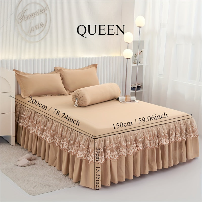 Chic 3-Piece Bed Skirt Set Featuring Double Layer Lace - Comes with 1 Bed Skirt and 2 Pillowcases, in a Solid Color. Non-Slip and Perfect for All Seasons, this Set is Machine Washable for easy care.