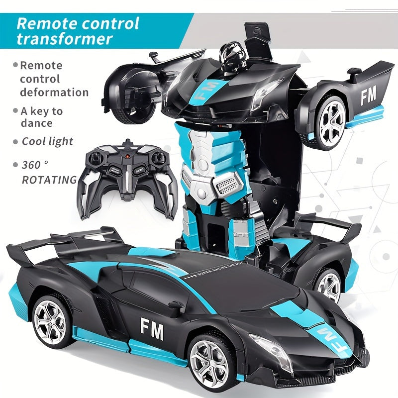 Remote control car transforms into robot, drifts 360°, with dynamic lights and USB rechargeable battery. Black and blue sports car design, great for outdoor play. Ideal birthday or holiday