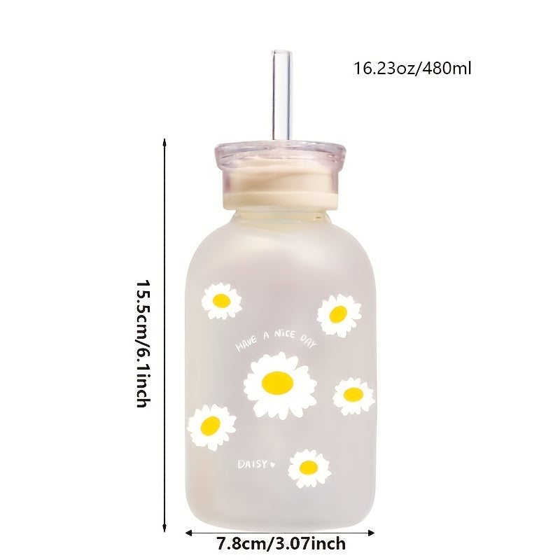 1 Matte glass water bottle with straw and scale, featuring a cute daisy sunflower design. Portable, convenient, perfect for back to school supplies.