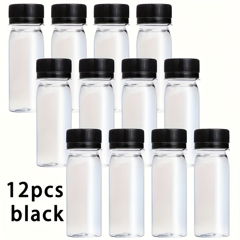 Set of 12 Small Plastic Bottles with White and Black Caps, 2 oz (60ml) - Resealable, Safe Containers for Liquids, Oils, and Vinegars, Comes with Blue Silicone Funnel for Convenient Refilling - Perfect for Events like Catering, Parties, or Wedding Gifts