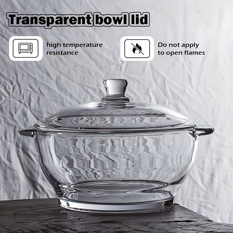 Heat-resistant clear glass casserole dish with lid, 1000ml/33.82oz capacity. Induction compatible and multipurpose kitchen cookware for soup, salad, and noodles. Pattern-free design.