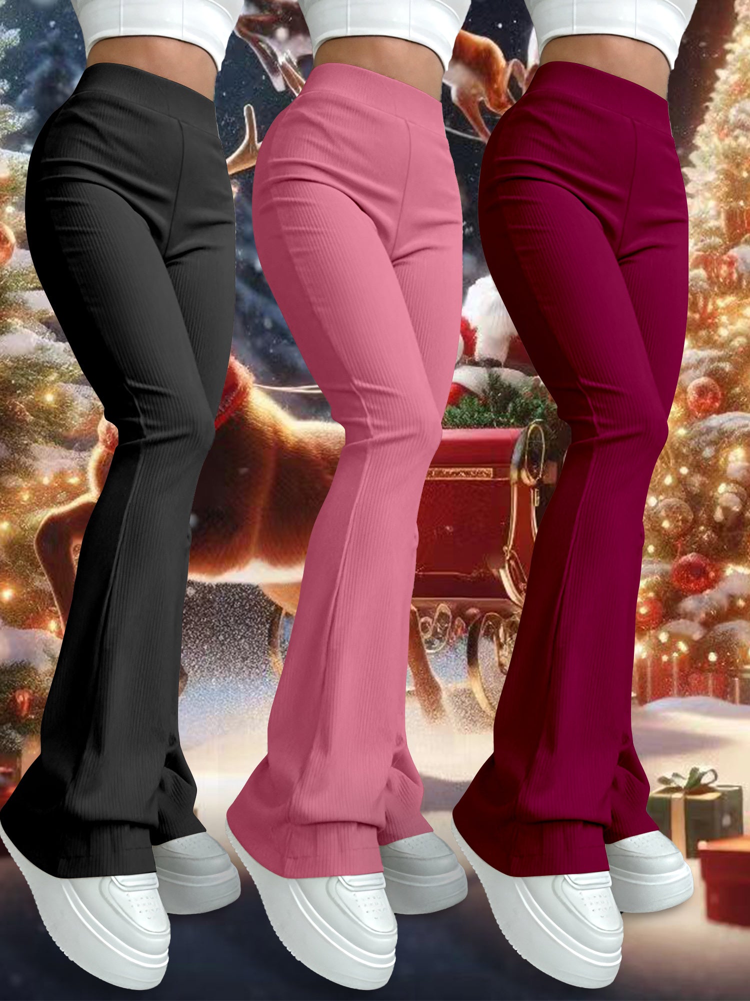 High-waist flare leg pants for women, made of polyester and spandex blend, featuring a casual solid color knit fabric with a bell bottom style. Stretchy yoga-style trousers suitable for all