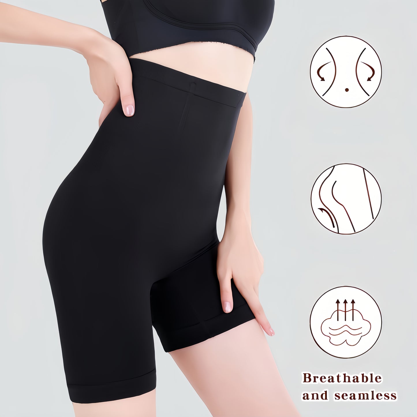 Seamless and comfortable high-waist shapewear shorts for women in black or beige. Features tummy control, butt lifting, ribbed texture, and postpartum support. Ideal for fitness or everyday