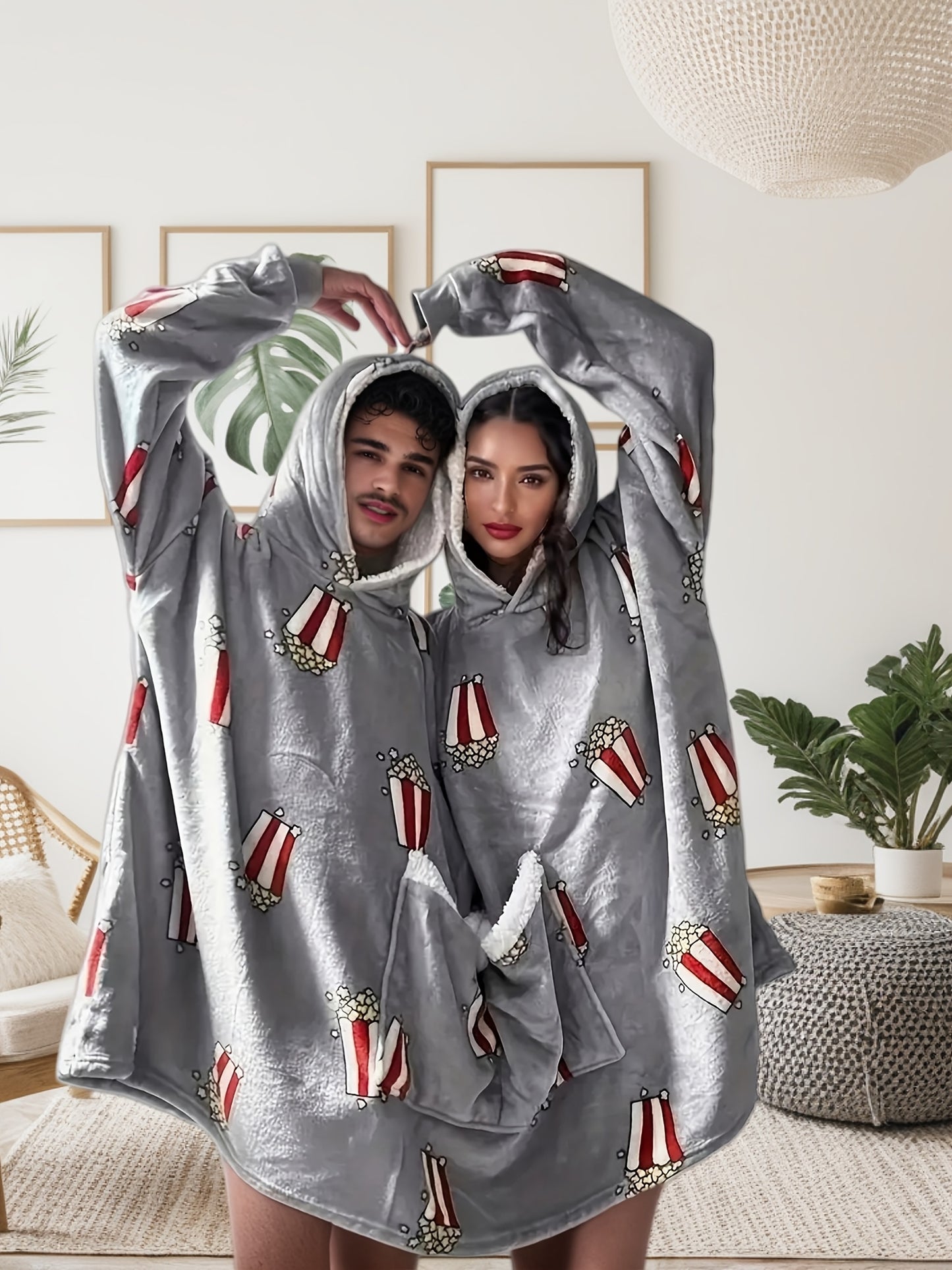 Gray popcorn novelty couple hooded sweatshirt for home sleepwear.